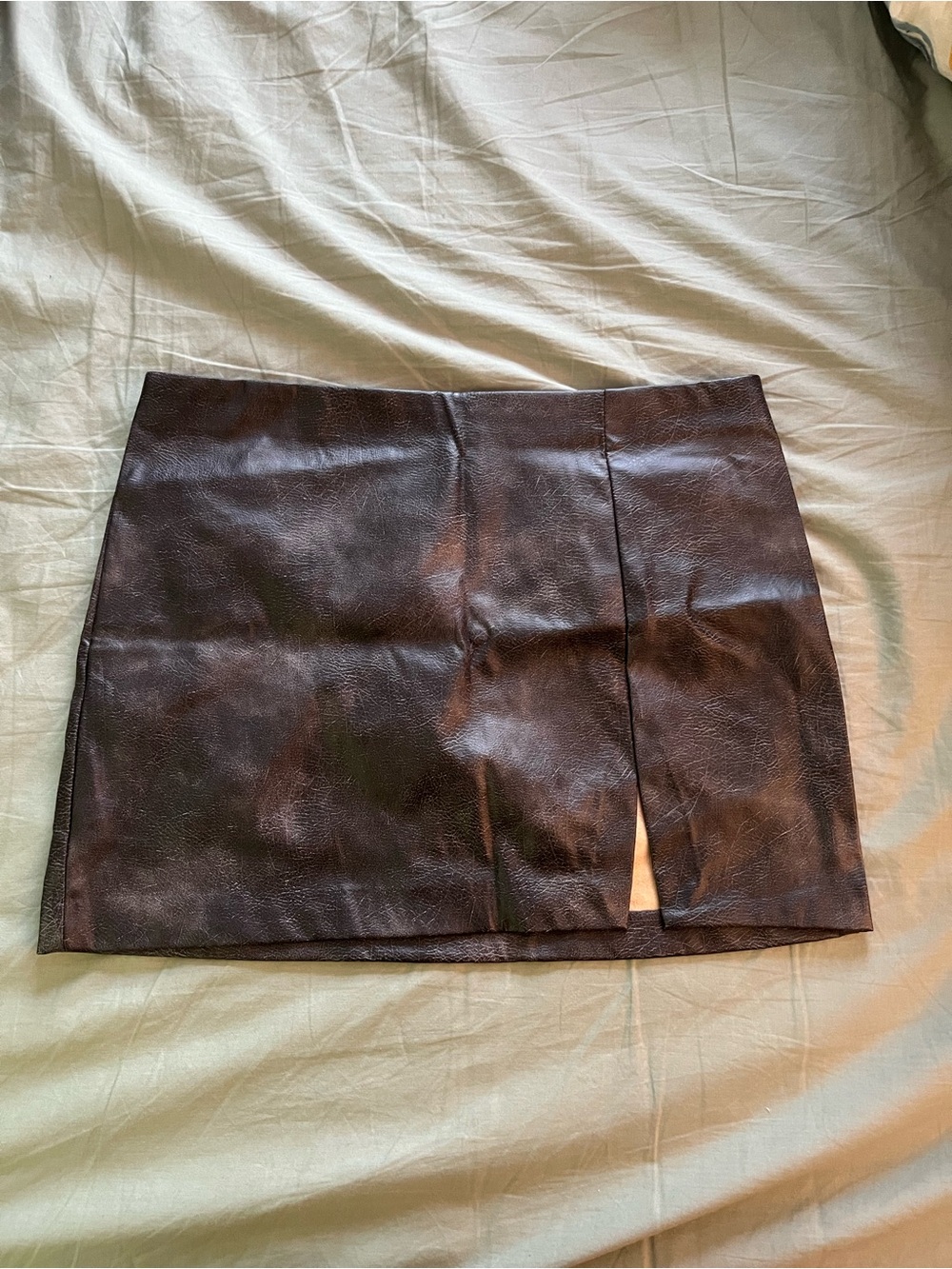 Divided Black Faux Leather Mini Skirt with Front Slit